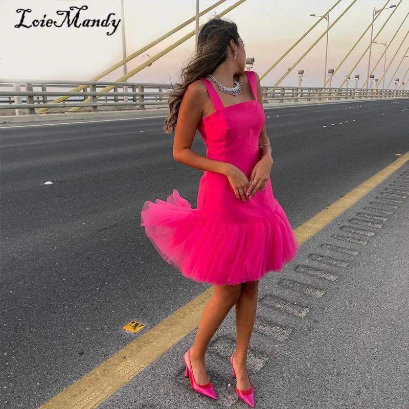 스파게티 스트랩 짧은 칵테일 드레스, 2024 멋진 자홍색 얇은 명주 그물 맥시, 여성용 디너 파티 가운